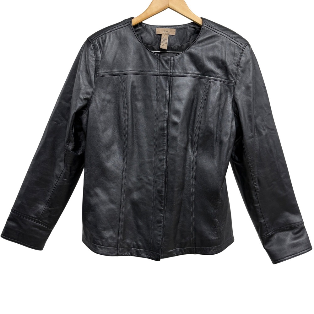 i.e. Black Genuine Leather Collarless Snap Front Jacket Womens XL Tailored Fit